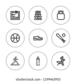 Athletic icon set. collection of 9 outline athletic icons with bench press, baseball, basketball, boxing, dumbbell, jogging, kettlebell, shoes icons. editable icons.