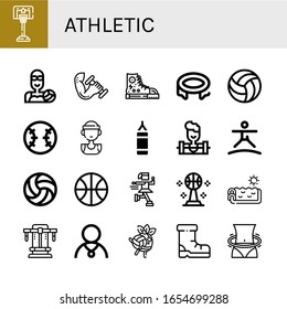 athletic icon set. Collection of Basketball, Water polo, Dumbbell, Sneakers, Trampoline, Volleyball, Baseball, Basketball player, Punching bag, Weighlifter, Ice skate, Swimming pool icons