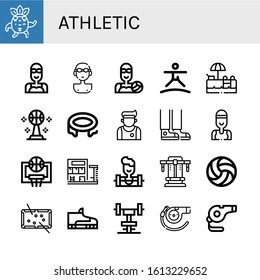 athletic icon set. Collection of Strong, Swimmer, Water polo, Trampoline, Swimming pool, Basketball, Athlete, Sneaker, Weighlifter, Bench press, Volleyball, Pool, Footwear icons