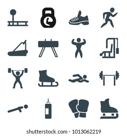 Athletic icons. set of 16 editable filled athletic icons such as fintess equipment, boxing gloves, swimming man, barbell, gym equipment, ice skating, treadmill, push up