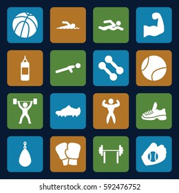 athletic icons set. Set of 16 athletic filled icons such as push up, bodybuilder, muscular arm, soccer trainers, power lifter, trainers, baseball glove, tennis ball, swimmer