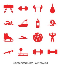 Athletic icons set. set of 16 athletic filled icons such as barbell, treadmill, push up, swimming, bodybuilder, barbell   isolated, swimmer, ice skate, basketball