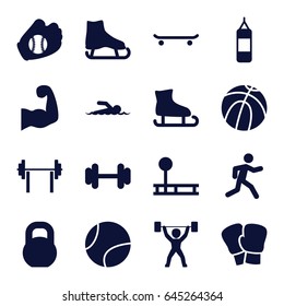 Athletic icons set. set of 16 athletic filled icons such as barbell, running, muscular arm, power lifter, baseball glove, tennis ball, swimmer, ice skate, basketball
