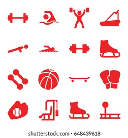 Athletic icons set. set of 16 athletic filled icons such as treadmill, push up, swimming, power lifter, baseball glove, barbell   isolated, swimmer, ice skate, basketball