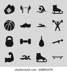 Athletic icons set. set of 16 athletic filled icons such as push up, barbell, swimming, muscular arm, soccer trainers, power lifter, baseball glove, swimmer, ice skate
