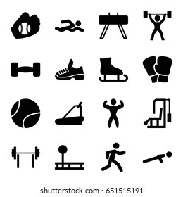 Athletic icons set. set of 16 athletic filled icons such as treadmill, push up, running, bodybuilder, barbell, power lifter, trainers, baseball glove, tennis ball