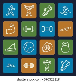 athletic icons set. Set of 16 athletic outline icons such as barbell, treadmill, push up, running, swimmer, swimming, bodybuilder, muscular arm, soccer trainers, power lifter