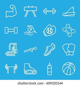 Athletic icons set. set of 16 athletic outline icons such as treadmill, push up, swimming, barbell, muscular arm, soccer trainers, baseball glove, basketball, dumbbell