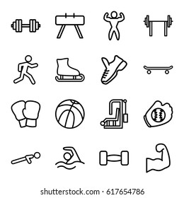 Athletic icons set. set of 16 athletic outline icons such as push up, running, swimming, bodybuilder, barbell, muscular arm, trainers, baseball glove, barbell   isolated