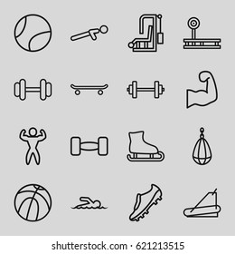 Athletic icons set. set of 16 athletic outline icons such as barbell, treadmill, push up, swimmer, bodybuilder, muscular arm, soccer trainers, tennis ball, basketball