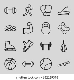 Athletic icons set. set of 16 athletic outline icons such as barbell, treadmill, push up, running, muscular arm, trainers, tennis ball, basketball, dumbbell, boxing gloves