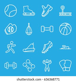 Athletic icons set. set of 16 athletic outline icons such as barbell, treadmill, running, swimmer, bodybuilder, soccer trainers, trainers, baseball glove, tennis ball