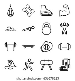 Athletic icons set. set of 16 athletic outline icons such as barbell, push up, running, swimmer, swimming, bodybuilder, muscular arm, baseball glove, dumbbell