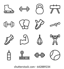 Athletic icons set. set of 16 athletic outline icons such as barbell, push up, muscular arm, soccer trainers, power lifter, trainers, barbell   isolated, tennis ball