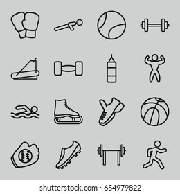 Athletic icons set. set of 16 athletic outline icons such as treadmill, push up, running, bodybuilder, barbell, soccer trainers, trainers, baseball glove, tennis ball