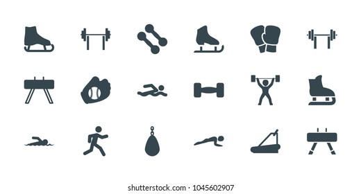 Athletic icons. set of 18 editable filled athletic icons: ice skate, dumbbell, boxing gloves, fintess equipment, swimming man, barbell, boxing bag, treadmill, running