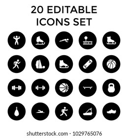 Athletic icons. set of 20 editable filled athletic icons such as basketball, ice skate, skating, ice skating, boxing bag. best quality athletic elements in trendy style.