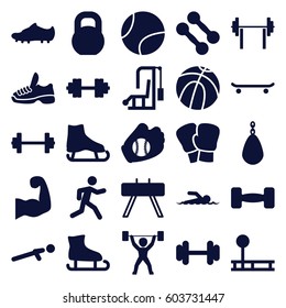 Athletic icons set. set of 25 athletic filled icons such as barbell, push up, running, muscular arm, soccer trainers, power lifter, trainers, baseball glove