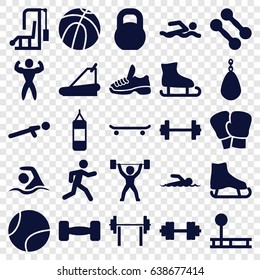 Athletic icons set. set of 25 athletic filled icons such as treadmill, push up, running, barbell, swimming, bodybuilder, power lifter, trainers, barbell   isolated