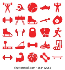 Athletic icons set. set of 25 athletic filled icons such as barbell, treadmill, push up, running, swimming, bodybuilder, muscular arm, soccer trainers, power lifter, trainers