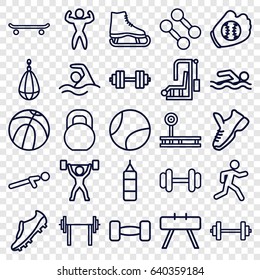 Athletic icons set. set of 25 athletic outline icons such as barbell, push up, running, swimming, bodybuilder, soccer trainers, power lifter, trainers, baseball glove