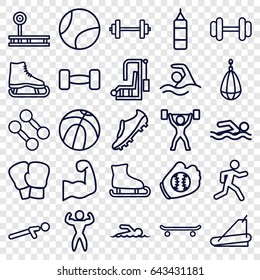 Athletic icons set. set of 25 athletic outline icons such as barbell, treadmill, push up, running, swimmer, swimming, bodybuilder, muscular arm, soccer trainers, power lifter