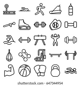 Athletic icons set. set of 25 athletic outline icons such as barbell, treadmill, push up, running, swimmer, swimming, bodybuilder, muscular arm, baseball glove