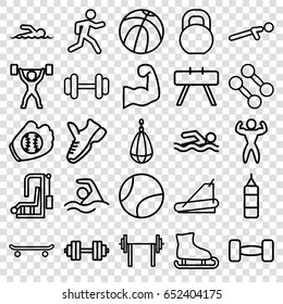 Athletic icons set. set of 25 athletic outline icons such as barbell, treadmill, push up, running, swimmer, swimming, bodybuilder, muscular arm, power lifter, trainers