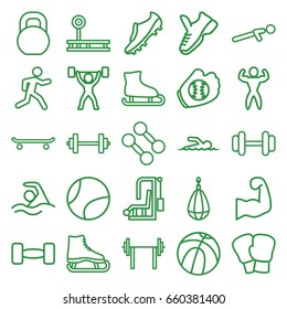 Athletic icons set. set of 25 athletic outline icons such as barbell, push up, running, swimmer, swimming, bodybuilder, muscular arm, soccer trainers, power lifter, trainers