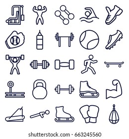 Athletic icons set. set of 25 athletic outline icons such as treadmill, push up, running, barbell, swimming, bodybuilder, muscular arm, soccer trainers, power lifter, trainers