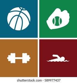 athletic icons set. Set of 4 athletic filled icons such as baseball glove, barbell   isolated, swimmer