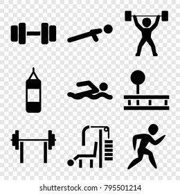 Athletic icons. set of 9 editable filled athletic icons such as boxing bag, swimming man, barbell, push up, power lifter, fintess equipment, gym equipment