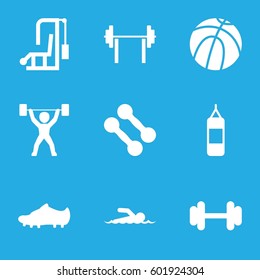 athletic icons set. Set of 9 athletic filled icons such as barbell, soccer trainers, power lifter, swimmer, basketball, dumbbell, boxing bag