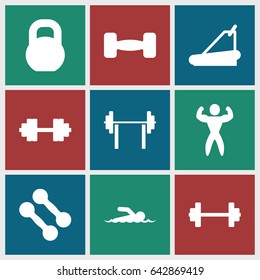Athletic icons set. set of 9 athletic filled icons such as treadmill, barbell, bodybuilder, barbell   isolated, swimmer