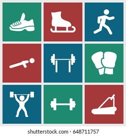 Athletic icons set. set of 9 athletic filled icons such as treadmill, push up, running, power lifter, trainers, barbell, boxing gloves
