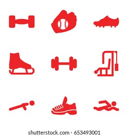 Athletic icons set. set of 9 athletic filled icons such as barbell, push up, soccer trainers, trainers, baseball glove, ice skate, swimming man