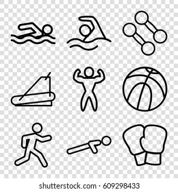 Athletic icons set. set of 9 athletic outline icons such as treadmill, push up, running, swimming, bodybuilder, basketball, dumbbell, boxing gloves