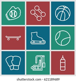Athletic icons set. set of 9 athletic outline icons such as baseball glove, tennis ball, basketball, dumbbell, boxing bag, boxing gloves, skating, gym equipment