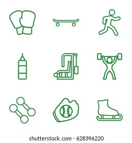 Athletic icons set. set of 9 athletic outline icons such as running, power lifter, baseball glove, dumbbell, boxing bag, boxing gloves, skating, gym equipment