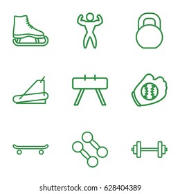 Athletic icons set. set of 9 athletic outline icons such as treadmill, barbell, bodybuilder, baseball glove, dumbbell, fintess equipment, skating