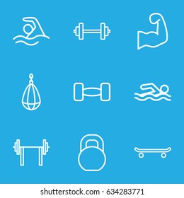 Athletic icons set. set of 9 athletic outline icons such as barbell, swimming, muscular arm, skating, swimming man