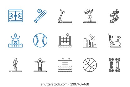 athletic icons set. Collection of athletic with chest expander, basketball, swimming pool, stretching, stationary bike, loss, volley, baseball. Editable and scalable athletic icons.