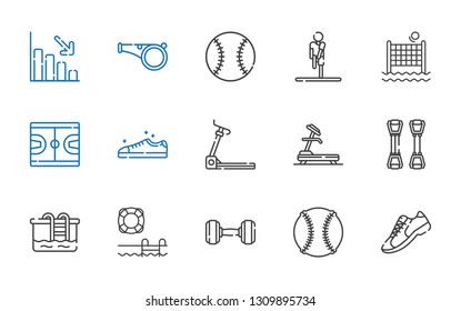 athletic icons set. Collection of athletic with sneakers, baseball, dumbbell, swimming pool, pool, chest expander, treadmill, basketball. Editable and scalable athletic icons.