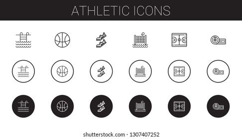 athletic icons set. Collection of athletic with swimming pool, basketball, shoes, volley, boxing. Editable and scalable athletic icons.