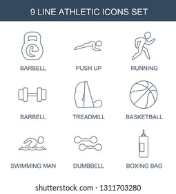 athletic icons. Trendy 9 athletic icons. Contain icons such as barbell, push up, running, treadmill, basketball, swimming man, dumbbell, boxing bag. athletic icon for web and mobile.