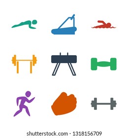 athletic icons. Trendy 9 athletic icons. Contain icons such as barbell, baseball glove, running, fintess equipment, swimmer, treadmill, push up. athletic icon for web and mobile.