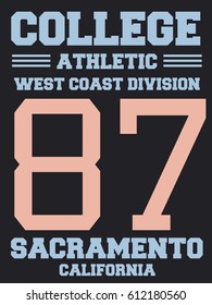 Athletic jersey design - college sports fashion typography. West Coast - Sacramento, California.