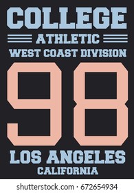 Athletic jersey design - college sports fashion typography. West Coast - Los Angeles, California.