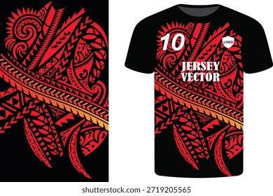Camisa Atlética com Inspiração Polinésia Vermelho e Laranja Motivos Tribais