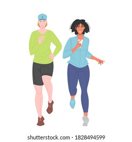 Athletic jogging couple in stylish sportswear. Happy running pair characters woman and guy training to marathon together. Flat vector cartoon illustration isolated on white background.